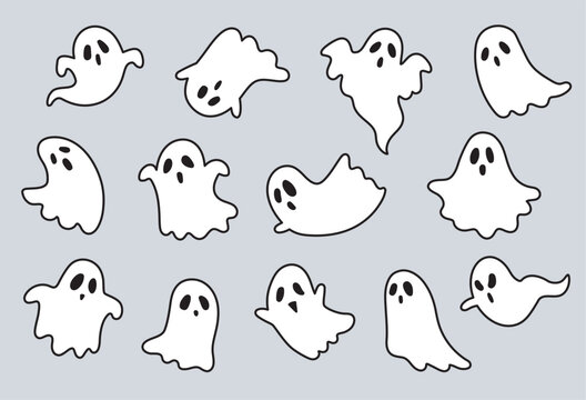 Cute Halloween white sheet ghosts with black outline in various poses vector illustration.
