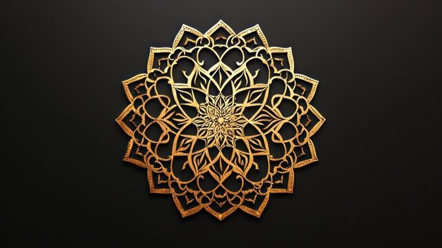 Ornate gold mandala design on black background.