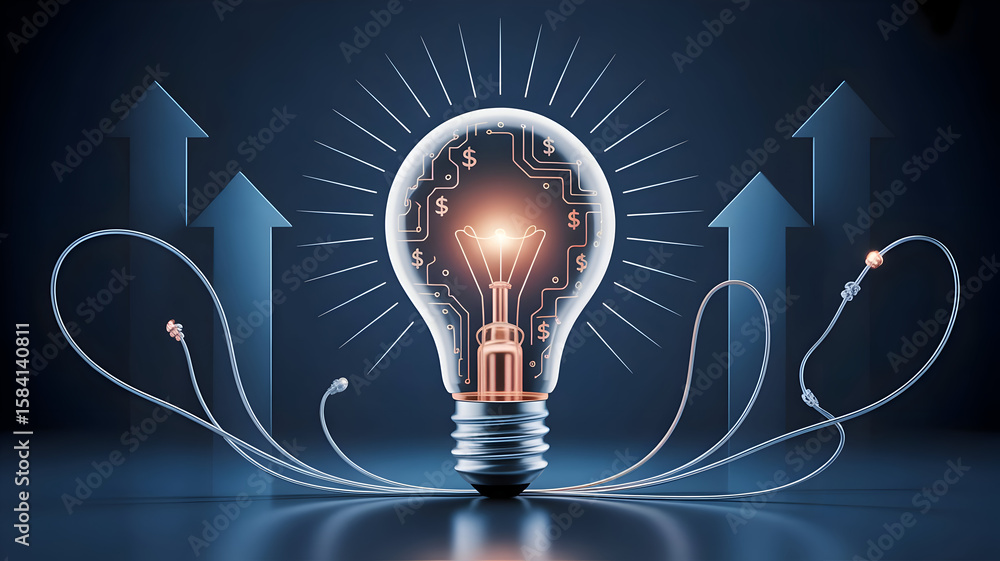 Poster innovative lightbulb with glowing filament powered by digital circuits symbolizing new ideas and tec