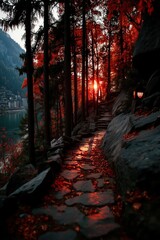 A cobblestone forest path reflects the golden glow of sunset through vibrant red foliage near a tranquil lakeside village.