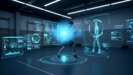 Young man training in a modern gym with holographic fitness data and health metrics displayed - Powered by Adobe