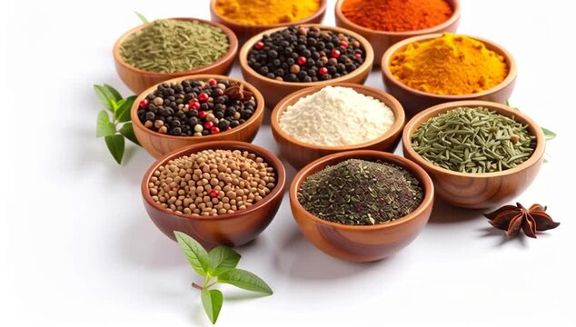 variety of colorful spices in wooden bowls on a white surface, offering a sensory explosion of aromas and flavors