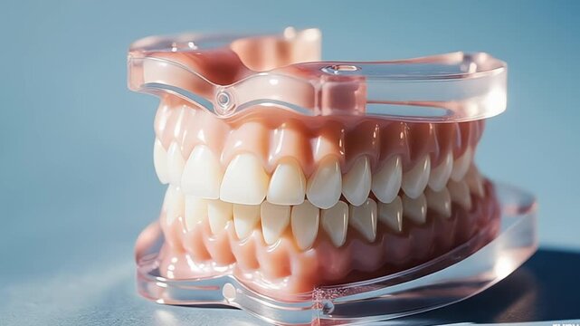 Set of dentures on blue background showcasing dental hygiene