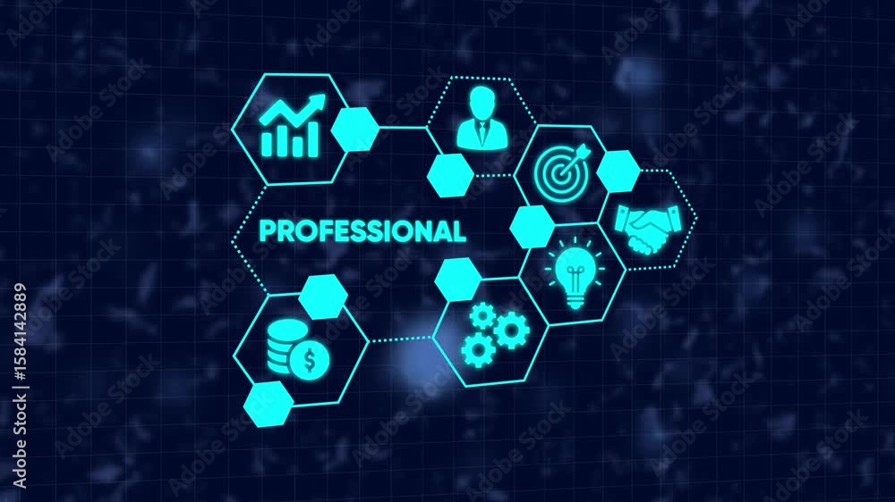 Aufkleber animated professional workflow depicted with business icons on a technological grid background