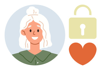 Portrait of a woman with white hair inside a circle, accompanied by a heart and a lock. Ideal for concepts thumbs up data privacy, love, personal security, identity protection, online trust
