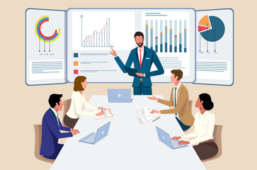 Business people in a team discuss, marketing, strategy, progress, business planning, make a presentation. Vector image concept in flat style.a