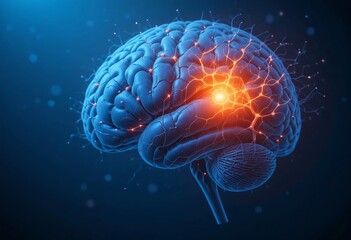 Digital illustration of a glowing human brain with neural connections highlighted, signifying intelligence and activity.