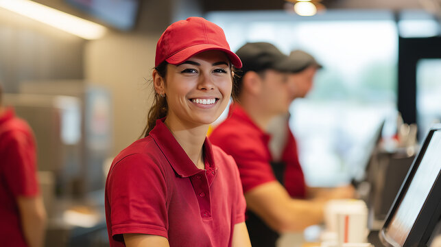 Smiling fast food staff member in uniform stands proudly at work, radiating positive energy and welcoming customers in fast paced environment
