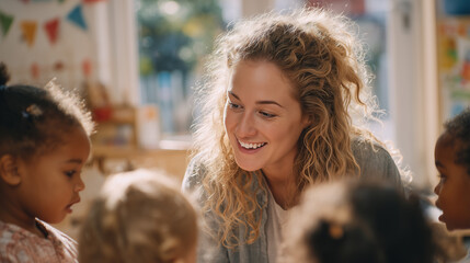Smiling female childcare owner interacts joyfully with diverse children, fostering warm, engaging atmosphere, while they participate in drawing activity