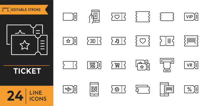 Ticket outline icon set. Editable stroke. Vector illustration