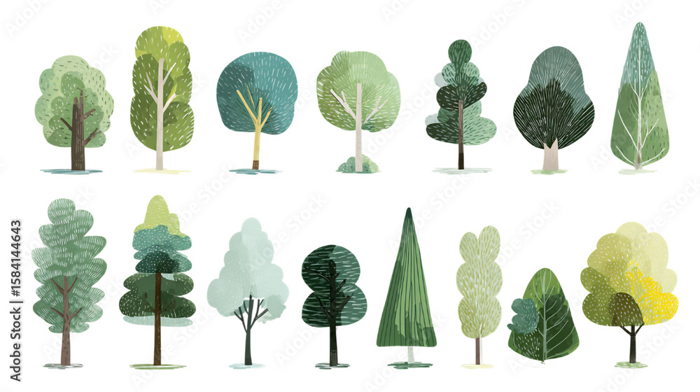 Poster collection of fifteen pixelated green trees in various styles on a transparent background isolated d