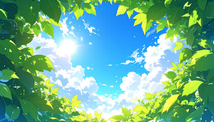 雲が浮かぶ爽やかな公園の空と木の葉　アニメ風	