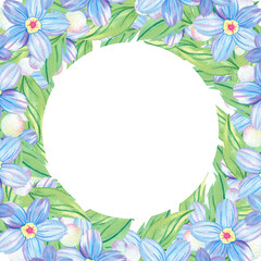 Square frame, round space for text, square background, template of forget-me-not flower, bud, blooming flower head, Myosotis, copy space, floral illustration. Hand drawn watercolor abstract painting