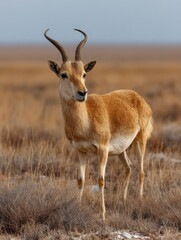 Saiga Antelope Stands Gracefully on Dry Plains With a Curved Nose Observing Its Arid Environment Under a Clear Sky During Daylight