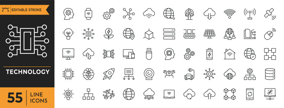 Technology icon set. Containing factory, 5g, ai, robotics, cloud, automation, iot, communication, programming and more. Editable stroke. Vector illustration