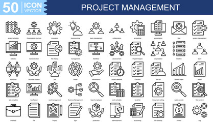 project management icon collection set. Containing project schedule, Organization structure, innovation, brainstorming, team management, collaboration, accounting icon