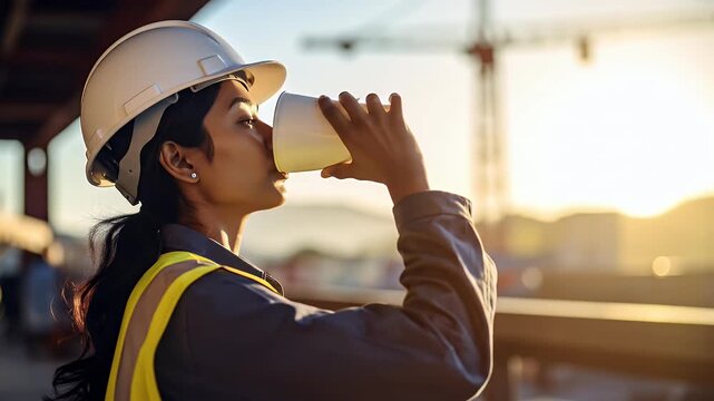 Woman in safety helmet drinking coffee outdoors