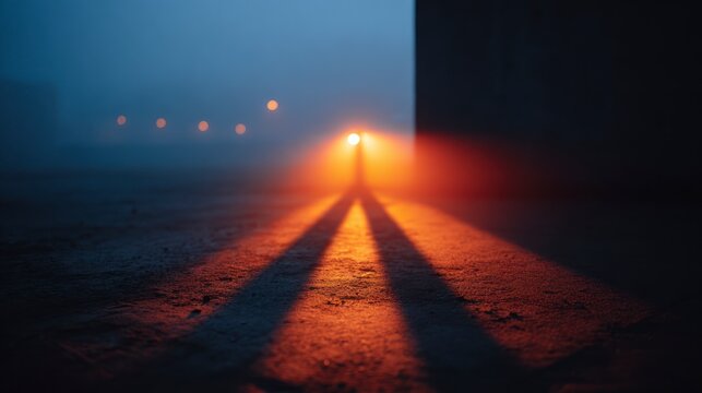 Car headlights pierce dense fog illuminating the ground with bright orange light and casting long shadows