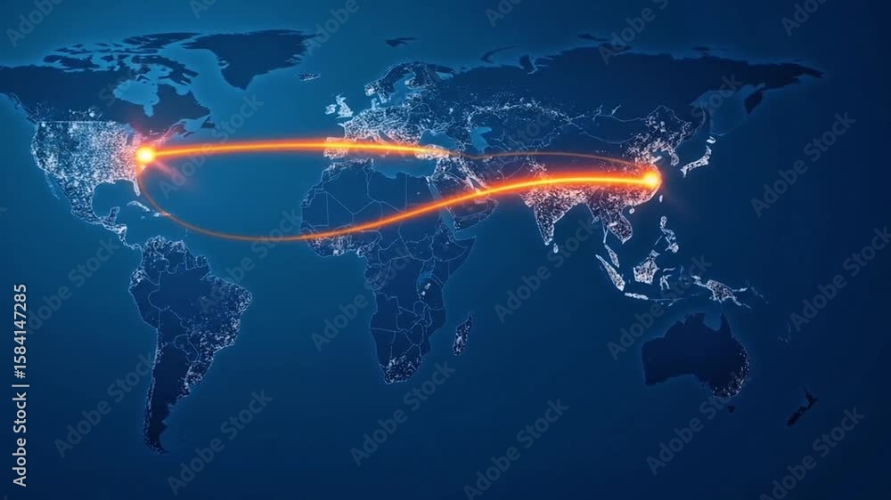 Poster illuminated world map depicting global data transfer between two continents