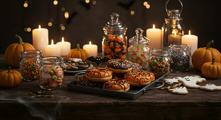 Halloween treats displayed with donuts, cookies, pumpkins, and jars of candy under soft candlelight