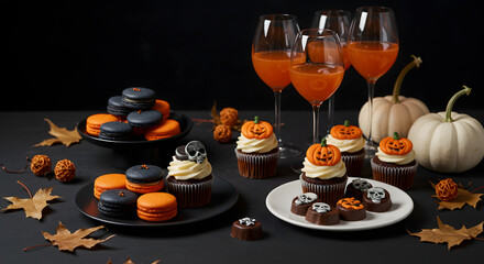 Halloween themed dessert table with macarons cupcakes chocolates and orange colored drinks on black background