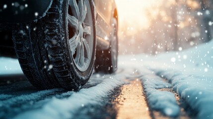 Car tire on a winter road with snow, close-up. Winter background.