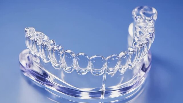 Clear dental aligner for teeth straightening on blue surface