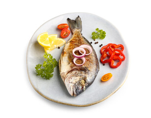 Plate with tasty grilled dorado fish on white background