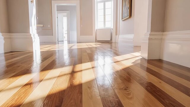 Interior of an elegant room with sunlight shining on hardwood floor