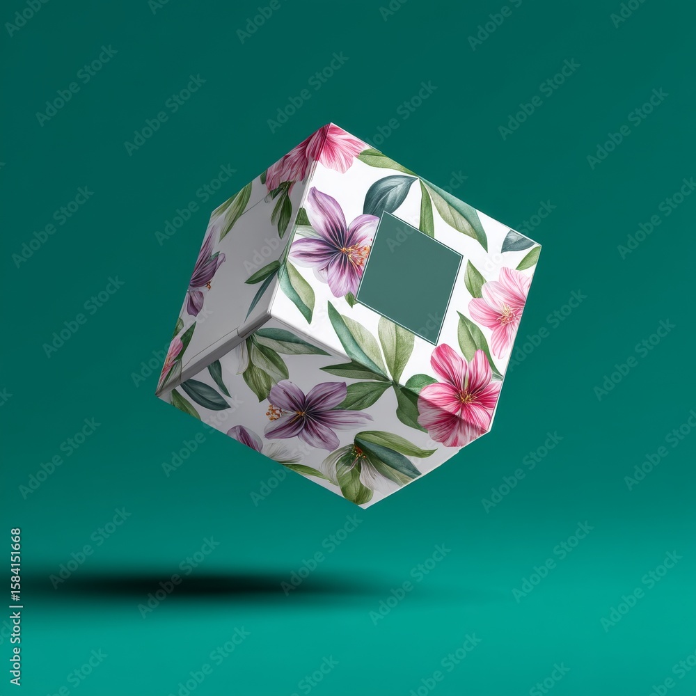 Poster floating floral cube with colorful flower patterns on a solid green background