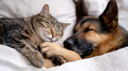 tabby cat and a German Shepherd dog peacefully sleeping together under a white blanket, holding paws.