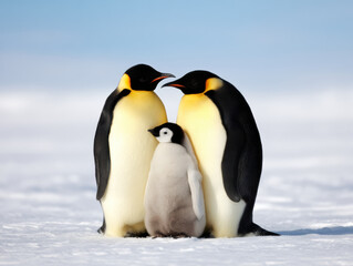 Two adult Emperor penguins stand closely with their chick on snowy ice under a clear sky.