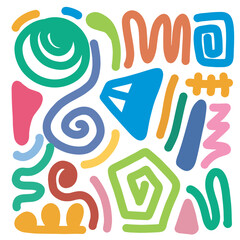 Colorful collection organic shapes and symbols on a black background. Modern contemporary figures, doodle objects and graphic elements. Vector illustrations collection.