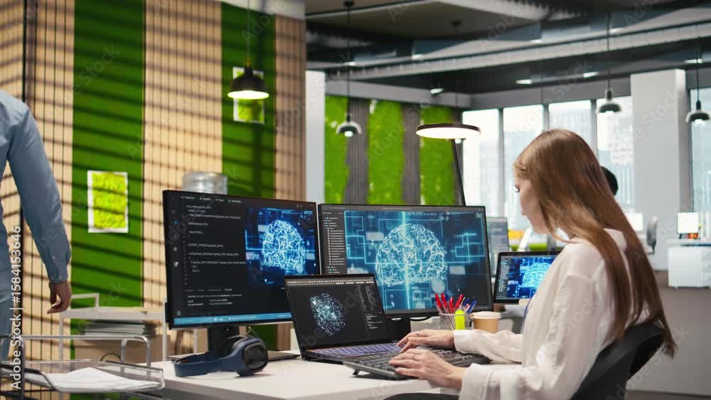 Poster junior developer in office integrating ai machine learning systems to streamline workflows. young em