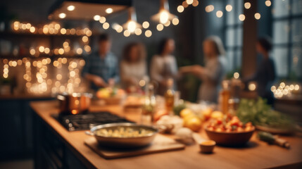 Empty wooden kitchen counter foreground with soft focus festive lights and people cooking in warm modern home, cozy holiday interior scene, suitable for seasonal lifestyle background use