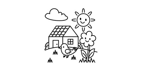 Children's coloring book style pictures: Happy Day Scene, House, Sun, Cloud, Bird, Flower