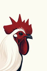 This is a stylized vector illustration of a rooster. The artwork emphasizes the rooster's prominent red comb and wattles, contrasted against its clean white feathers and dark beak. The use of bold lin