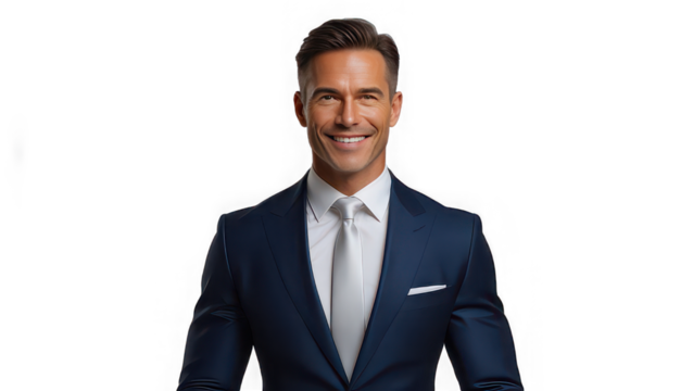 Portrait of a smiling man in a dark blue suit and a light gray tie against a black background