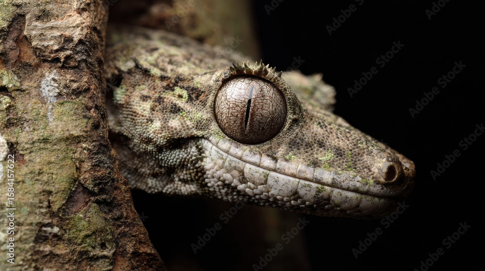 Poster leaf-tailed gecko expertly camouflaged on tree bark, showcasing intricate textures and patterns in a