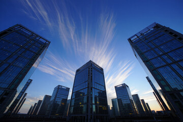 Fototapeta premium Modern Glass Skyscrapers at Sunset, Dramatic Blue Sky, Cirrus Clouds, Urban Business District, Architectural Design, Corporate Success, Upward View, Cityscape, Financial Center.