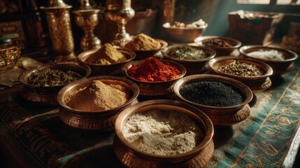 Fototapeta premium Assortment of ground spices and dried herbs in vintage copper bowls seasoning