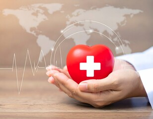 A doctor's hands are cupped around a digital hospital symbol that is pulsing with a soft, rhythmic, red light, like a heartbeat. Connecting to data points all over a faint, holographic world map.