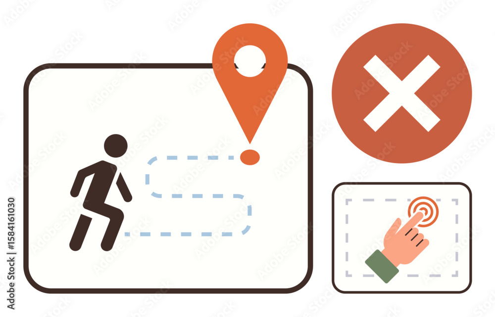 Poster person following dashed path to location marker with prohibited action sign and hand clicking intera