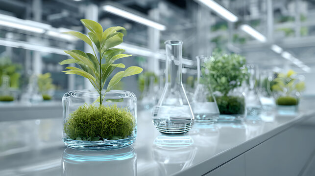 Plants are grown in futuristic glass containers in a sterile, high-tech biotechnology laboratory setting.
