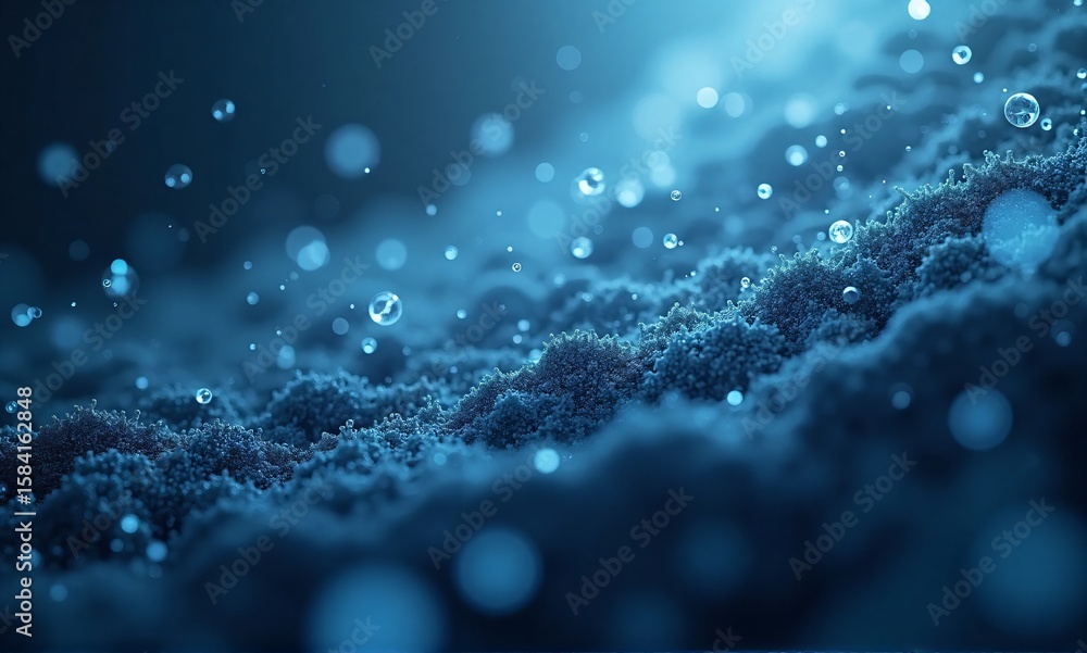 Poster abstract image of a dark blue, textured landscape with water droplets falling and resting on its sur