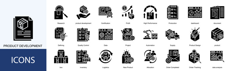 product development icon collection set. Containing Certification, Profit, High Performance, Production, dashboard, document icon