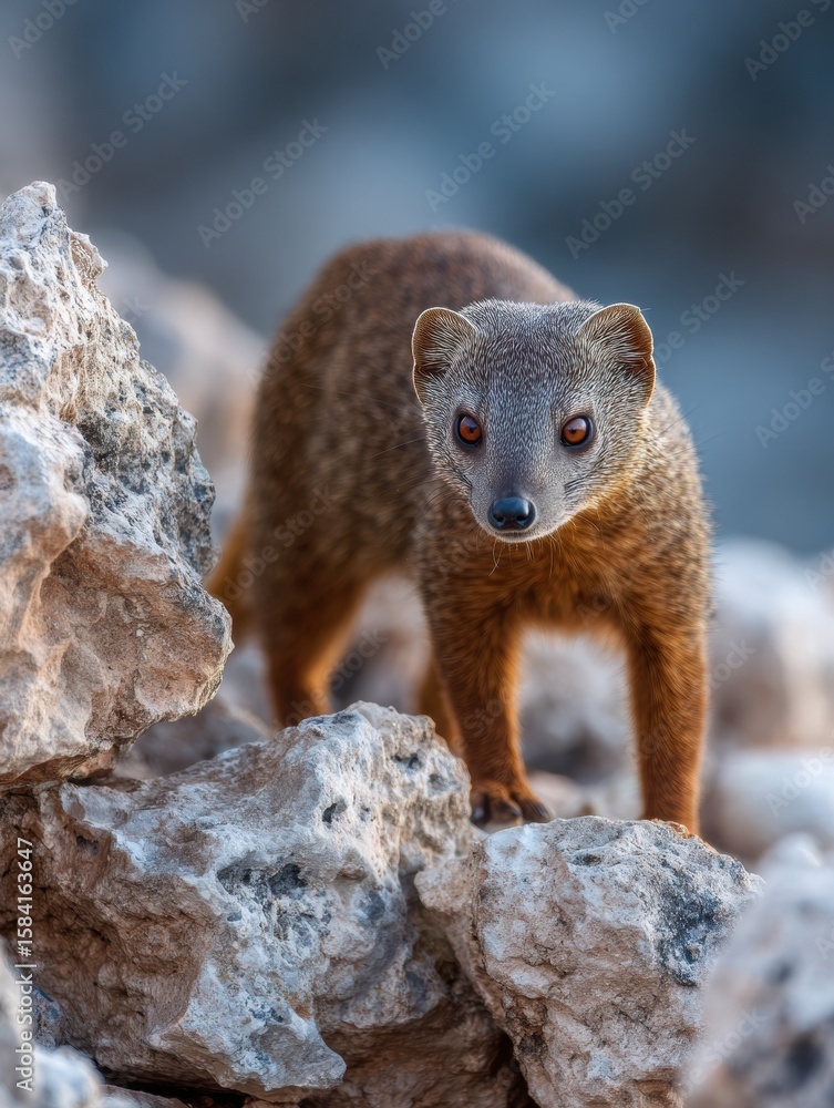 Poster ring-tailed mongoose exploring rocky terrain during daylight in a sparse environment
