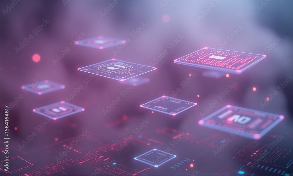 Poster abstract image depicting a futuristic, technological landscape. floating circuit boards and processo