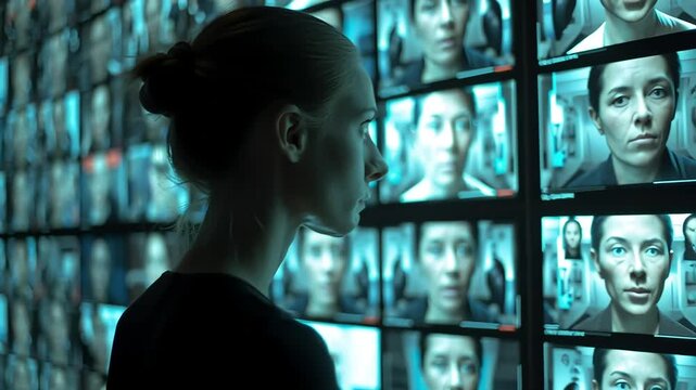 Woman Observing Digital Displays of Faces in a Modern Environment with ai generated