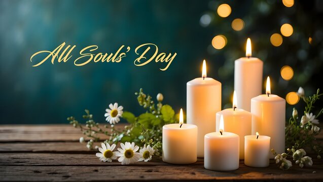 All Souls Day Candle Light with Flowers and Bokeh Background Memorial and Remembrance Concept